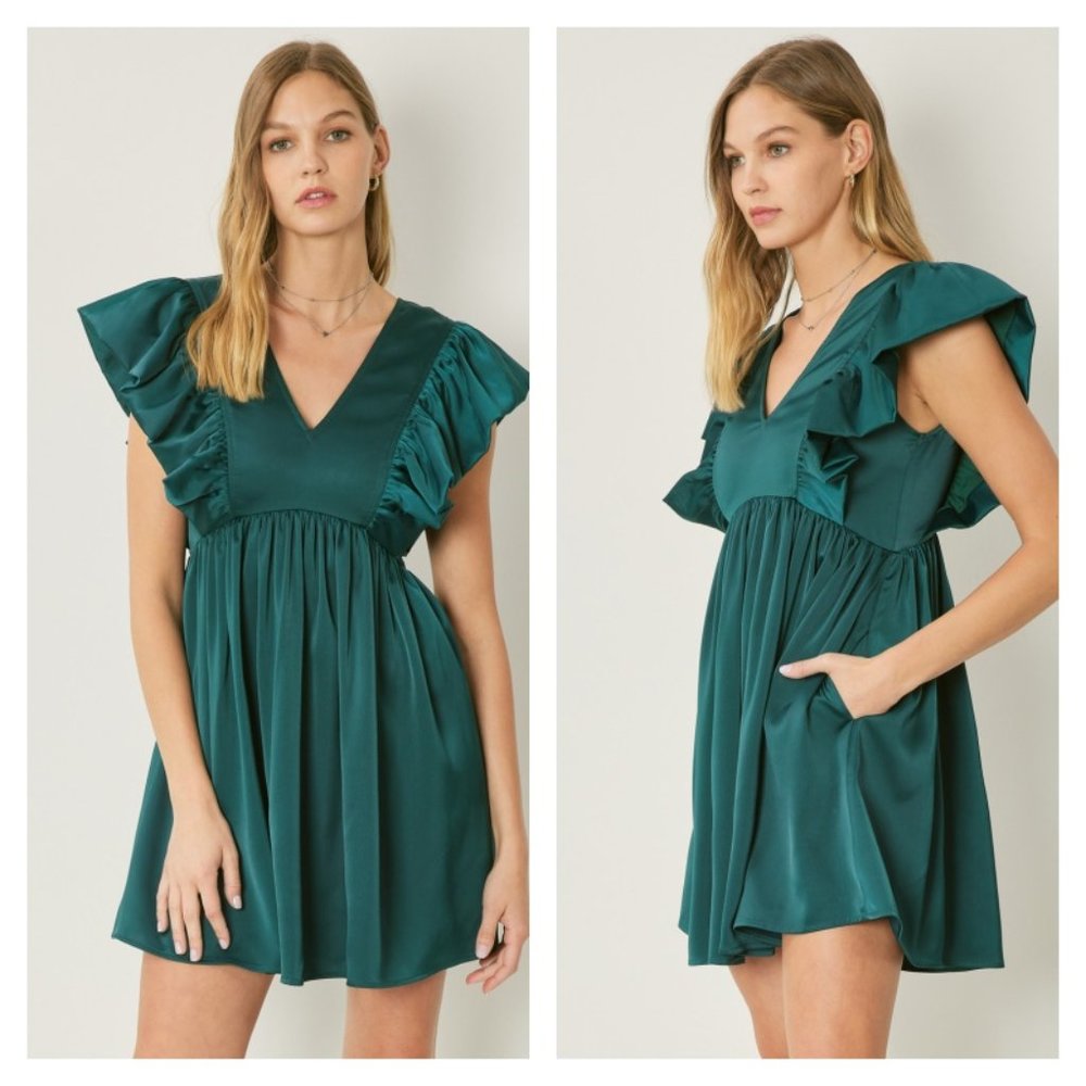 🌹🌹🌹ENTRO Flutter Sleeve Pocketed Dress in Hunter🌹🌹🌹